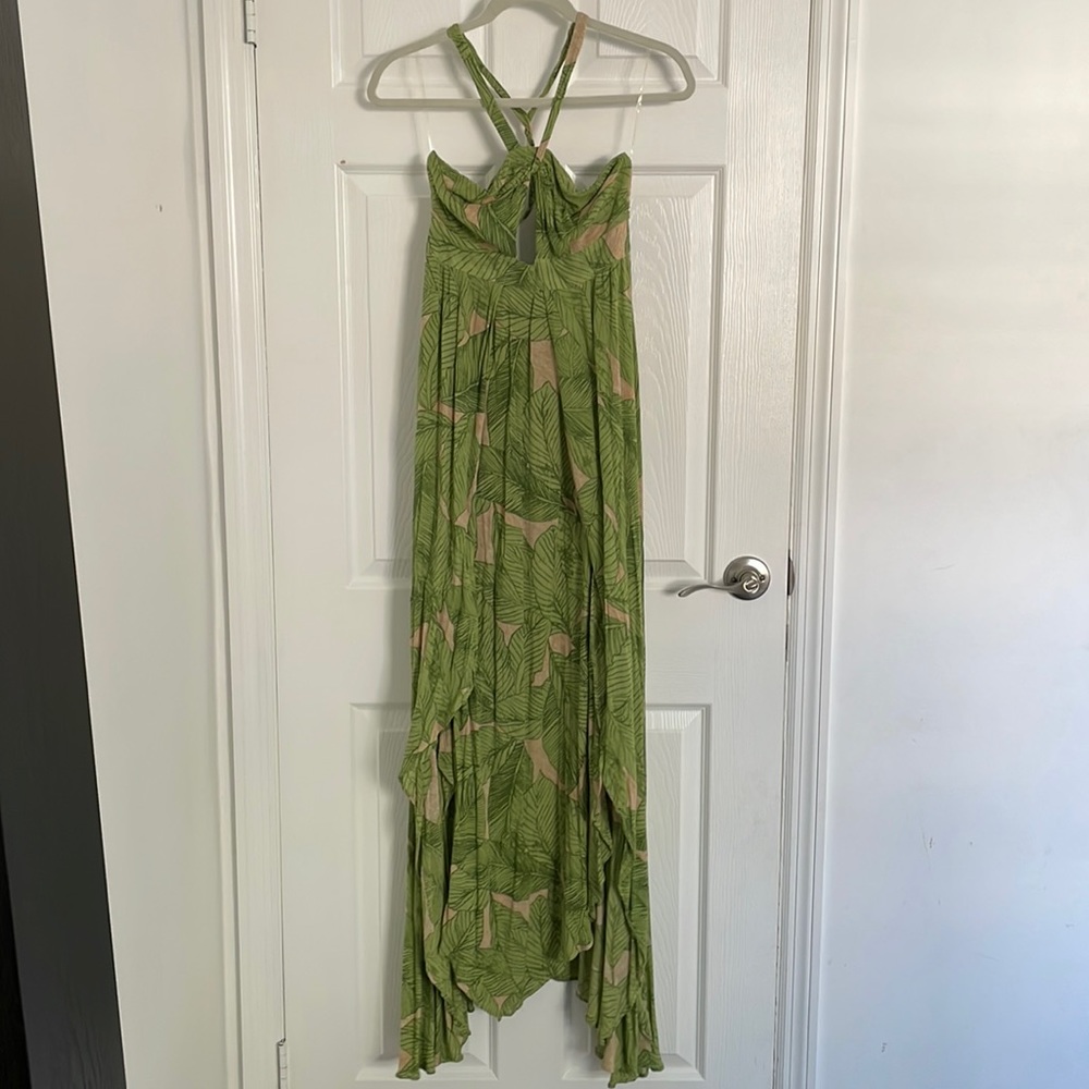 Kimchi blue green and tan tropical maxi dress with halter top & cross knot back